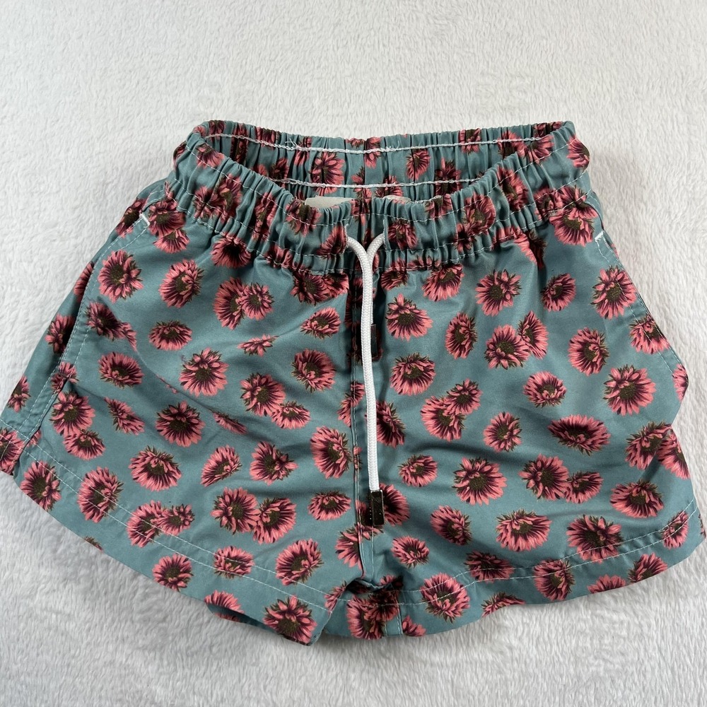 98 Coast Av. Swim Trunks Shorts Boys Small Green Floral Print Lined Drawstring
